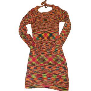 NWT Thanne Disco Neon Multicolor Knit Mini Dress Women Sz Small Open Back Party